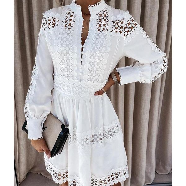 

casual dresses ordi2021 summer women mini party dress long sleeve hollow out white lace short tunic beach, Black;gray