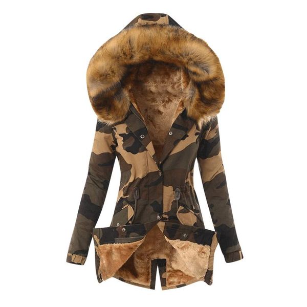 Peluche Camouflage Parker Parka Moda Vita regolabile Collo in pelliccia Giacca invernale Donna Cappotto con cappuccio a maniche lunghe