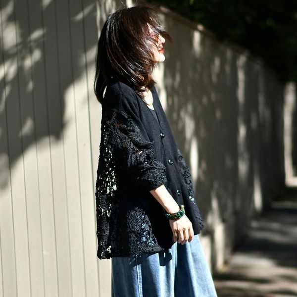 

women's jackets micoco w2022 autumn korean hollow-out lace stitching loose-fitting sweater cardigan, Black;brown