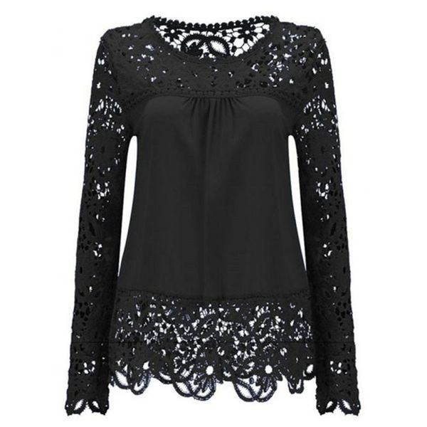 

women's t-shirt women blouses lace floral casual plus size spliced hollow out long sleeve patchwork, White