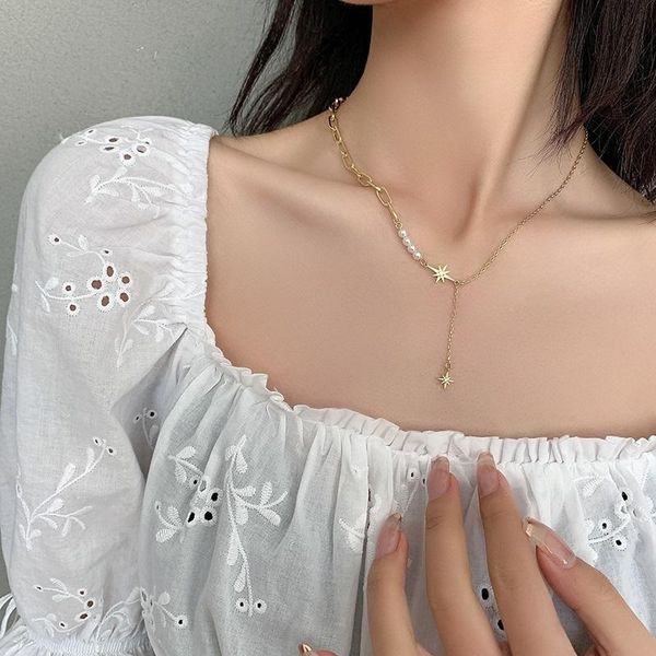 

chains eight pointed star clavicle pearl necklace female immortals light luxury minority cn, Silver