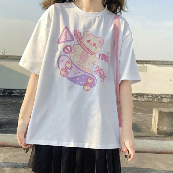 

women's t-shirt harajuku kawaii bear print woman clothes aesthetic plus size female for girls short sleeve tees sunmmer streetwear, White