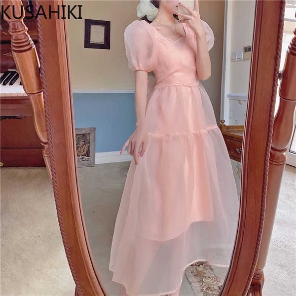 

kusahiki mesh sweet bow bandage slim waist dress elegant v-neck puff short sleeve vestidos a-line women dresses 6e671 210602, Black;gray