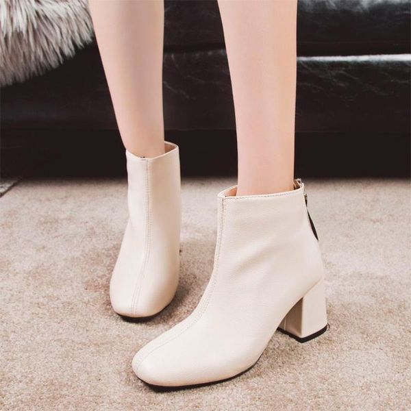 

boots ladies ankle british style thick-heeled nude women's autumn zip shoes winter short female footwear 2021, Black