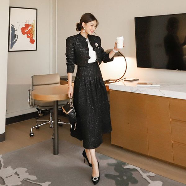 

arrival fashionable black women's wool-mixtures single-breasted collar jacket waist skirt long set two pieces