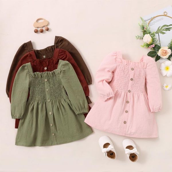 

girl's dresses kids princess dress, girls solid color square neck long sleeve ruffled gown for spring fall, 1-5 years, Red;yellow