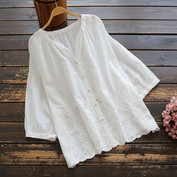 

women's blouses & shirts lamtrip v-neck hollow out 3/4 sleeve white cotton shirt blouse 2021 summer wnra