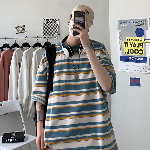 

men's t-shirts multicolor striped short-sleeved t-shirt summer loose casual o-neck bottoming shirt oversize maleb clothes trend all-mat, White;black