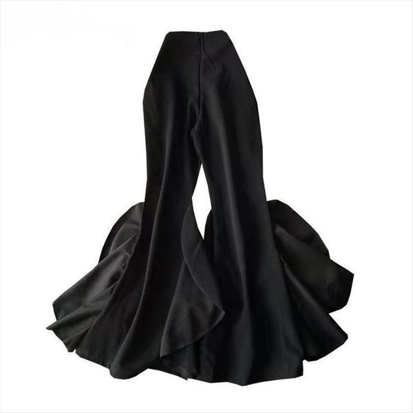 

[eqw]1 all match long trousers women pant fashion flare ruffle vintage black clothing, Black;white