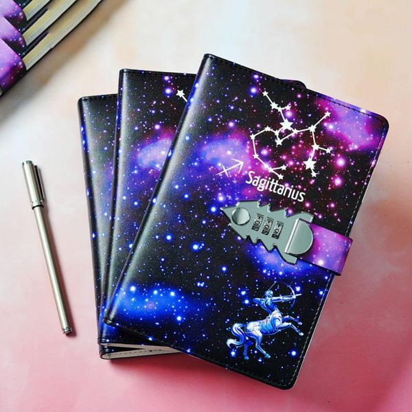 

notepads a5 journal diary twelve constellations notebook with lock agenda planner organizer notepad kawaii handbook birthday gift, Purple;pink