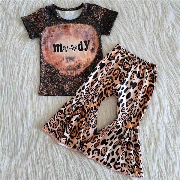 

wholesale children baby girls boutique cow skull clothing sets kids fashionable short sleeve leopard bell bottom pants outfit, White