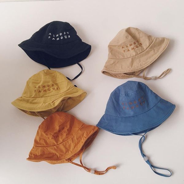 

korean style spring baby kids letters embroidery buckets hats vacation outdoor children sunshade adjustable belt caps &, Yellow