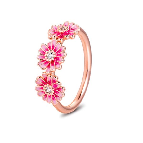 

cluster rings qandocci rose pink daisy flower trio 100% authentic 925 sterling-silver-jewelry, Golden;silver