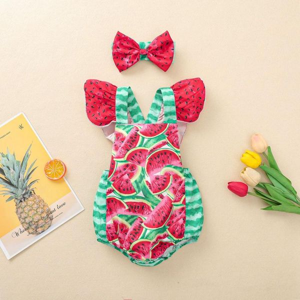 

0-24 months baby girls outfit suit, sweet style infant summer creative watermelon printing sleeve romper + bow headwear rompers, Blue
