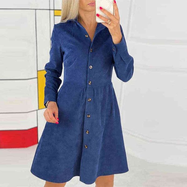 

2021 autumn corduroy long sleeve midi dress elegant a-line women party dresses fashion v neck solid single-breasted shirts dress y1204, Black;gray