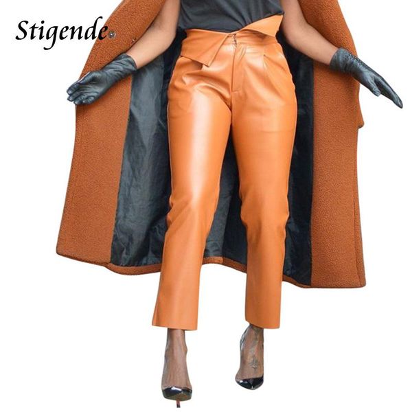 

women's pants & capris stigende pu leather women casual high waist stretch fake ladies pocket zipper trousers pantalones mujer, Black;white