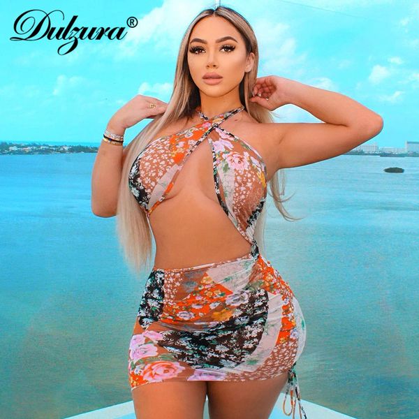 

dulzura floral print women halter mini dress dstring ruched hollow out bodycon streetwear party club 2021 summer clothes, Black;white