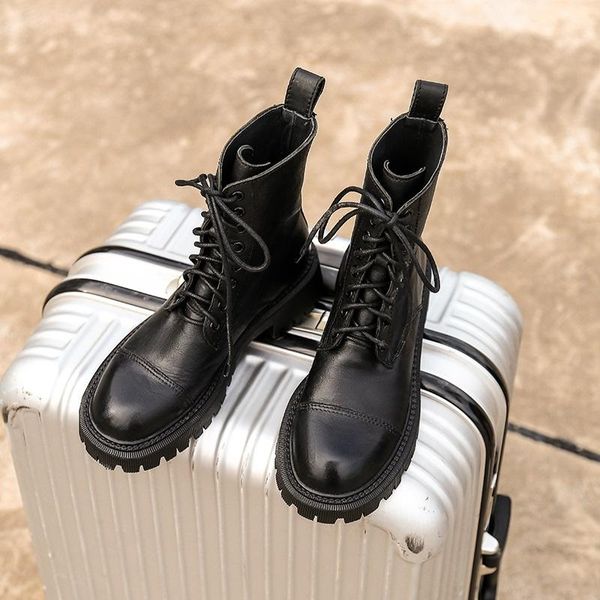 

boots mezereon natural leather winter shoes woman punk style lace-up ankle daily footwear round toe arrive, Black