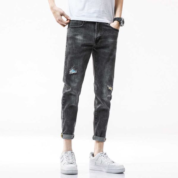 

men's jeans, fashion, holed capris, slim fit, small feet, casual, korean fashion breech, Blue