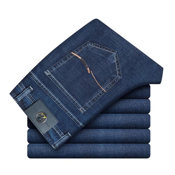 

men's jeans embroidered straight business dark blue large size all-match loose stretch brand pants