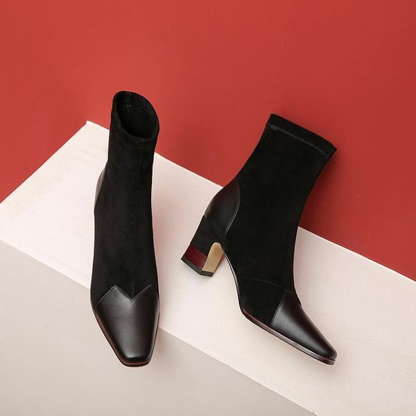 

boots 2021 winter thick-heeled small square toe elastic, Black