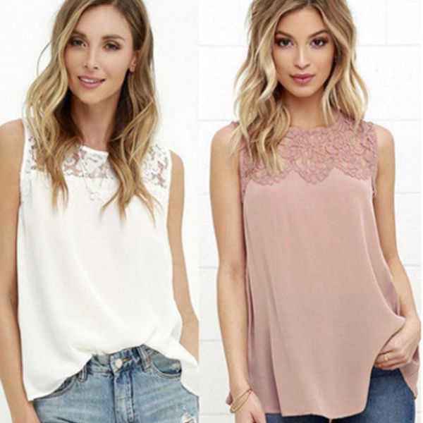 

fashion women blouse casual sleeveless lace patchwork chiffon shirt crochet blusas mujer clothing women's blouses & shirts, White