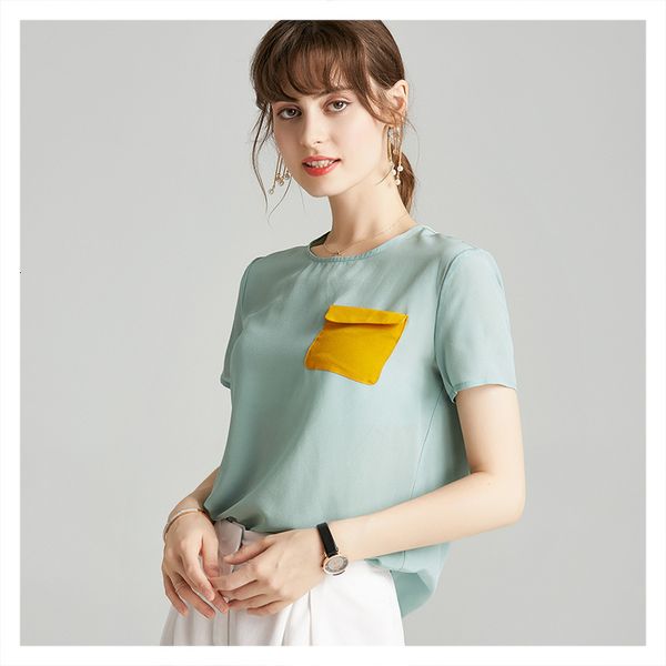 

t shirts european and american luxury fashion color matching pocket shirt round neck short sleeve satin silk women, White