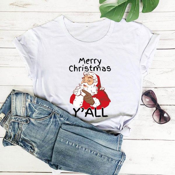 

women's t-shirt merry christmas cute santa claus graphic printed vintage holiday winter shirt funny casual 100%cotton, White