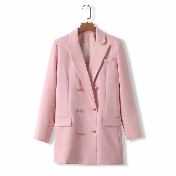 Elgeant Frauen Rosa lange Blazer Jacken Mode Damen Vintage Zweireiher Jacke Anzüge lässig weibliche Blazer Mädchen Chic 210427