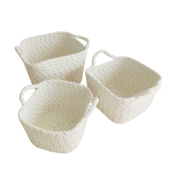 

set 3 pcs hand-sewn storage baskets cotton rope (white) laundry bags