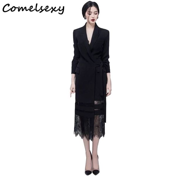

spring lace up blazer patchwork lace dress women fashion long sleeve hollow out empire mid dresses 210515, Black;gray