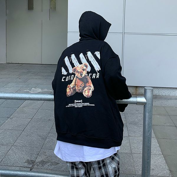 

high punk street rock cartoon bear impression hoodie lovers west coast harajuku hoodies sweaters, Black