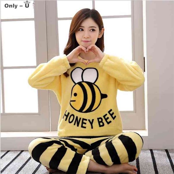 Pijama feminina casa de serviço de casa além de veludo grosso flanela bonito abelha cartoon padrão de algodão inverno quente de dois peças 210809