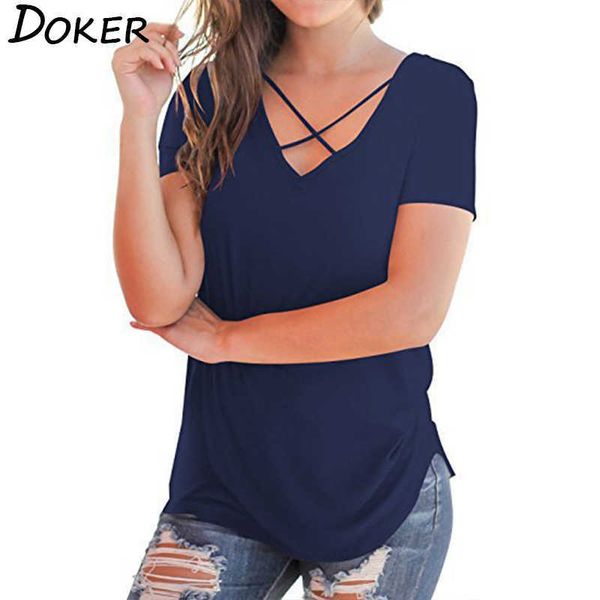 

summer plus size short sleeve t shirt women front chest cross v-neck casual loose cotton t-shirt 10 colors 210604, White