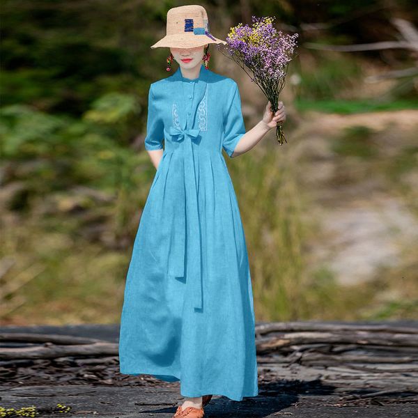 

casual dresses 2021 women summer o-neck long sleeve cotton linen vestidos robe femme vintage loose embroidered dress hfrt, Black;gray