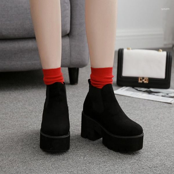 

boots botin militar mujer ankle for women thick heels autumn flock platform shoes high zipper ladies lja482-111, Black