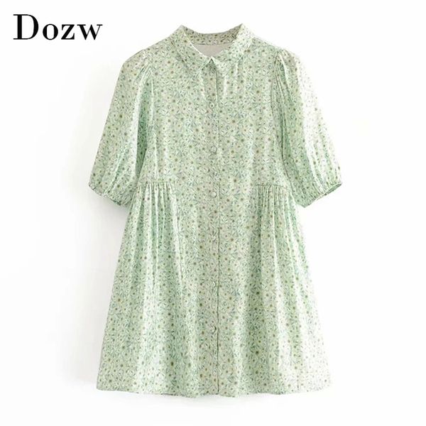

fashion floral print shirt dress women half sleeve pleated casual mini turn down collar loose es summer 210515, Black;gray