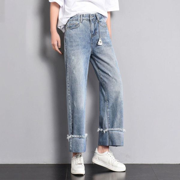 

women's jeans casual nine-point straight pants for women loose high waist thin wide-leg trouser jean fast drop, Blue