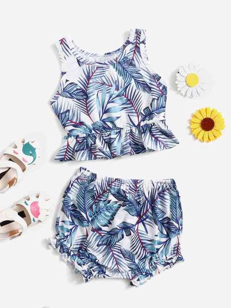 

baby tropical print peplum tank & frill trim shorts she, Blue