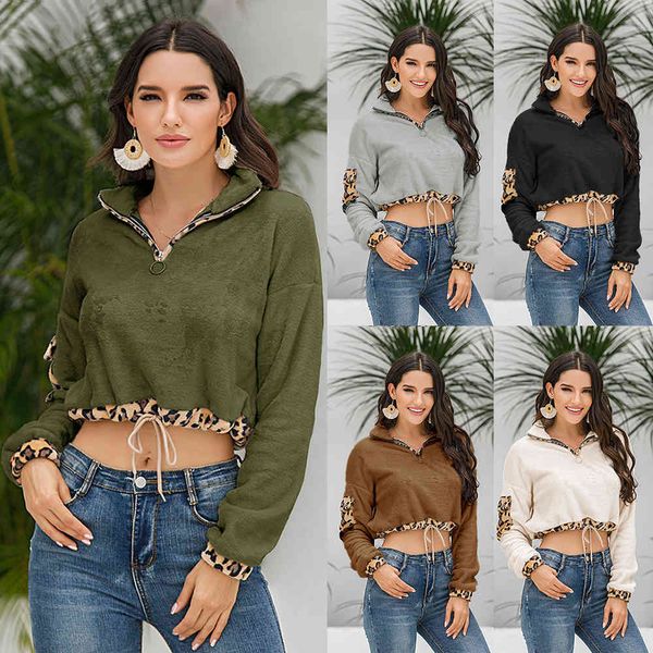 

womens fashion hoodie printed leopard turtleneck cropped female plush long sleeve short coat zipper loose casual pullover, Black