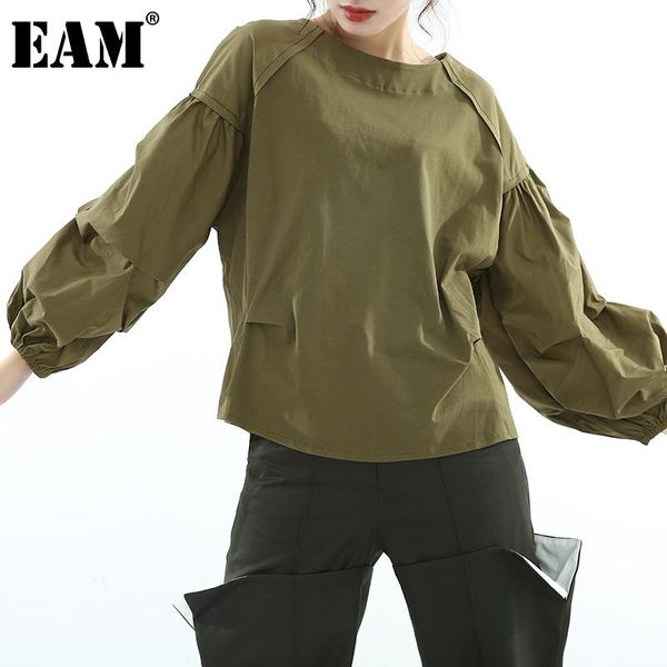 

[eam] women pleated leisure green vintage t-shirt round neck long lantern sleeve fashion tide spring autumn 2021 1dd388606 women's, White