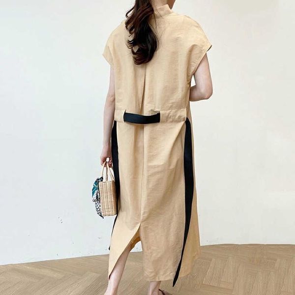 

casual dresses [ewq] korea chic trendy women stand-up collar wide loose fashion green split short-sleeved dress summer 2021 16e1431, Black;gray