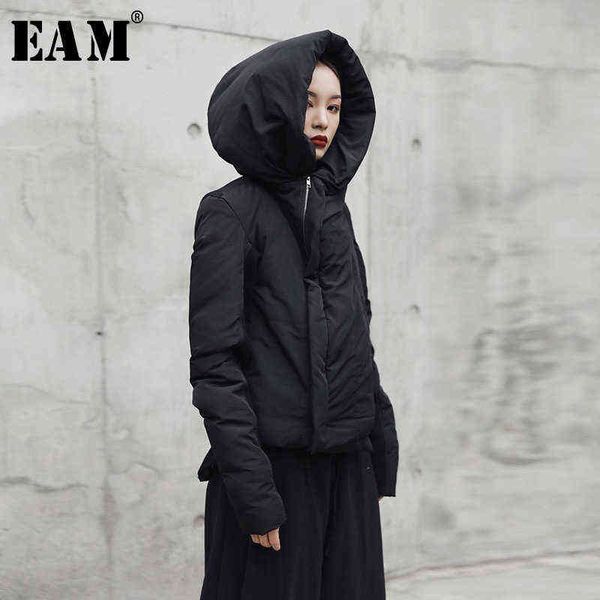 

[eam] hooded thickening black short cotton-padded coat long sleeve loose fit women parkas fashion spring autumn 2022 ji08 211130