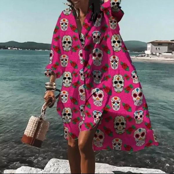 

button shirt spring summer womens dresses elegant floral print long sleeve ladies casual loose beach boho vestido, Black;gray