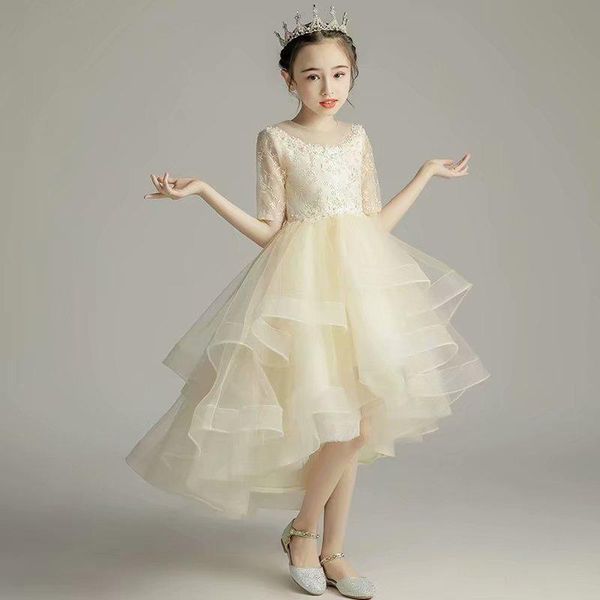 

flower girl dresses high low tiered vestidos lace baby infant dress kids formal wear champagne, White;blue