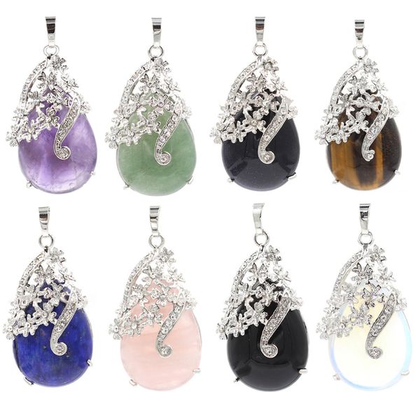 

natural crystal gem angel tear drop pendant necklace women's healing rhinestone flower necklaces, Silver