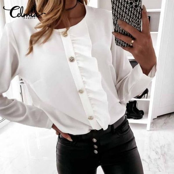 

women's blouses & shirts celmia loose o-neck tunics long sleeve 2021 autumn fashion ruffles casual elegant buttons stitching, White