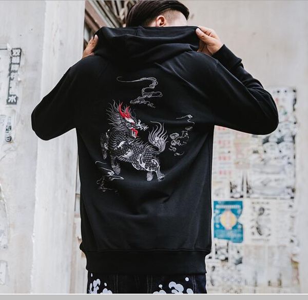 

dragon king embroidery hoodie asian hip hop urban streetwear sweatshirt, Black