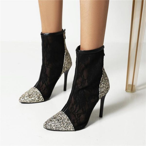 

boots ymechic sequins mesh lace splicing sword thin heel ankle women summer autumn 2021 print high heels shoes big size 45, Black
