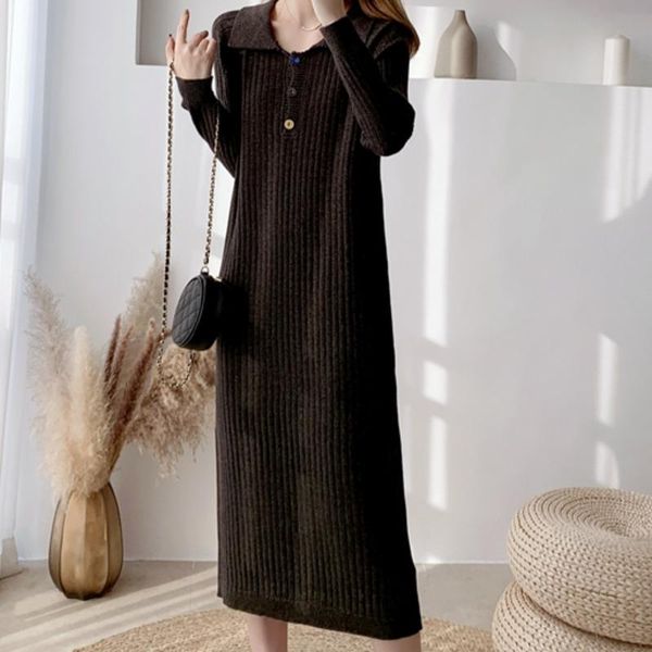 

casual dresses 2021 autumn and winter collar elegant korean pullover sweater maxi dress vintage knitted loose long sleeve robe femme, Black;gray